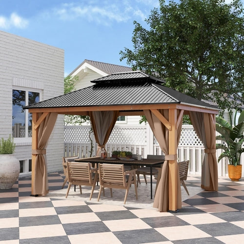 11x13 Wooden Hardtop Gazebo with Enclosed Curtains