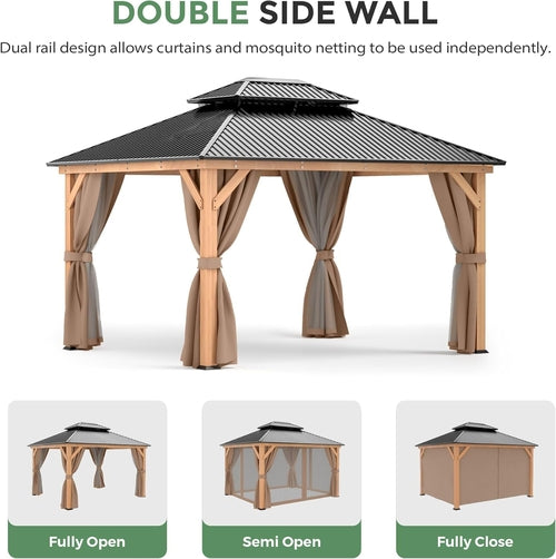 11x13 Wooden Hardtop Gazebo with Enclosed Curtains