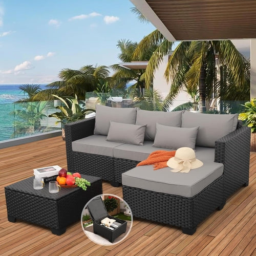 3-Piece Wicker Outdoor Sectional Sofa Set with Storage Table