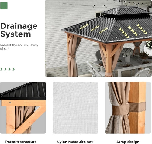 11x13 Wooden Hardtop Gazebo with Enclosed Curtains