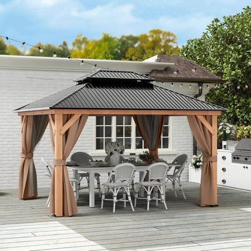 11x13 Wooden Hardtop Gazebo with Enclosed Curtains